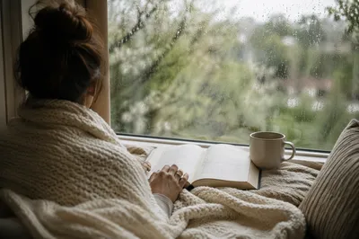Cozy Morning Bible Devotion by Rainy Window