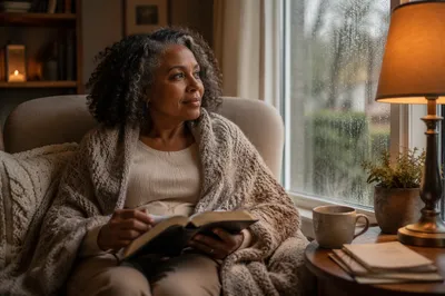 Woman Reading Bible by Rainy Window