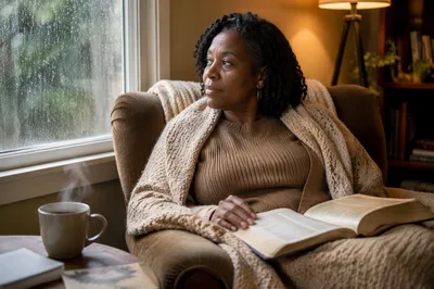 Woman Reading Bible by Rainy Window