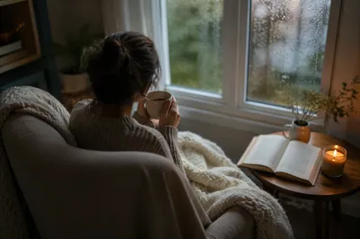 Woman in Armchair by Rainy Window