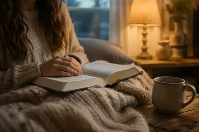 Woman Reading Bible with Cozy Blanket