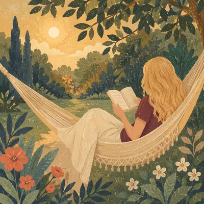 Woman Reading Peacefully in Garden Hammock