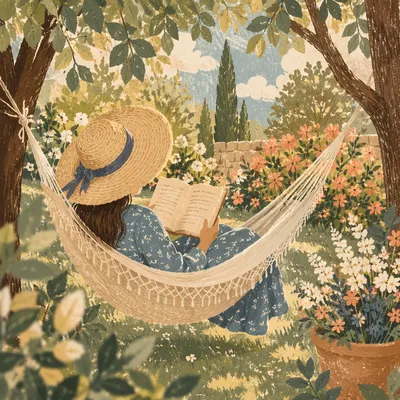 Woman Reading in Garden Hammock