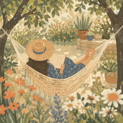 Woman Reading in Garden Hammock
