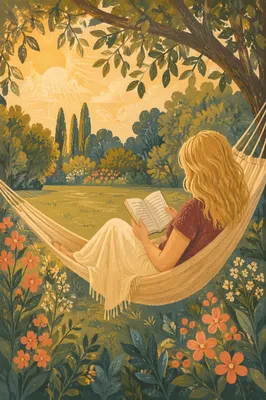 Woman Reading in a Peaceful Garden Hammock