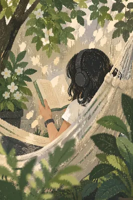 Woman Reading in Sunny Garden Hammock