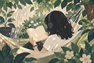 Woman Reading in Sunny Garden Hammock