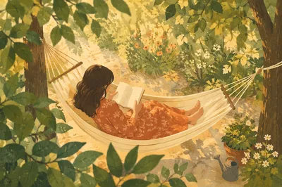 Peaceful Woman Reading in Garden Hammock