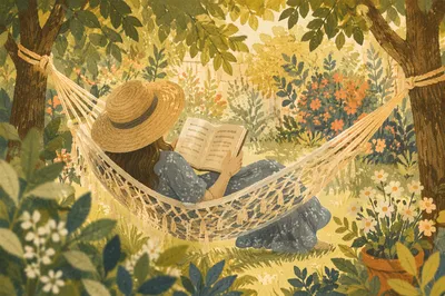 Woman Reading in Garden Hammock
