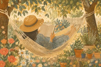 Woman Reading in Garden Hammock