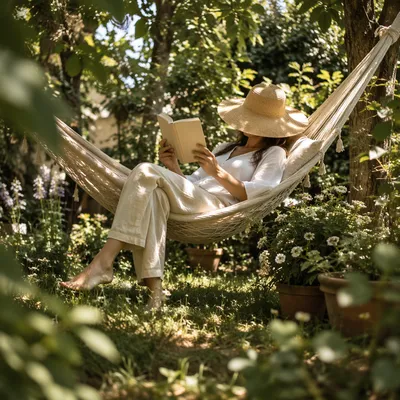 Woman Reading in Garden Hammock