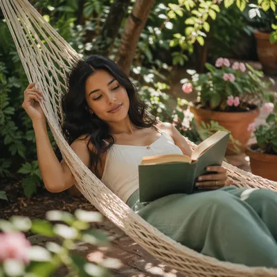 Young Woman Reading in Garden Hammock