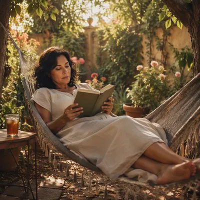 Woman Reading in Garden Hammock