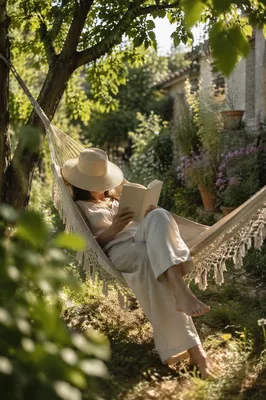 Woman Reading in Garden Hammock