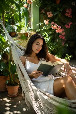 Woman Reading Book in Garden Hammock