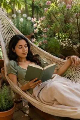 Woman Reading Book in Garden Hammock
