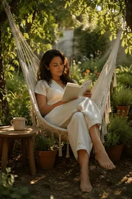 Woman Reading in Garden Hammock