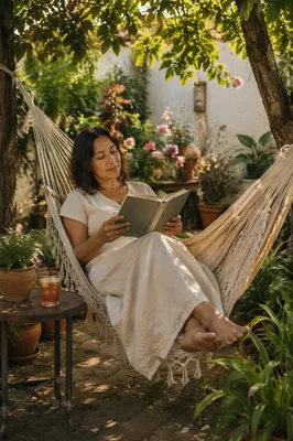 Woman Reading in Garden Hammock