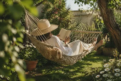 Woman Reading in Garden Hammock