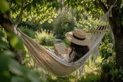 Woman Reading in Garden Hammock