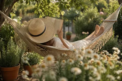 Woman Reading in Garden Hammock