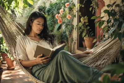 Woman Reading Book in Garden Hammock
