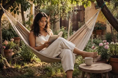 Woman Reading in Garden Hammock