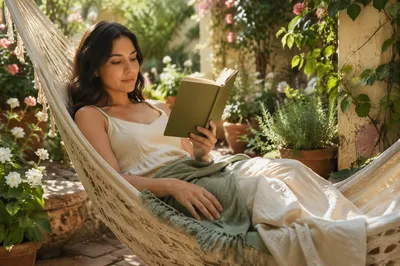 Woman Reading in Garden Hammock