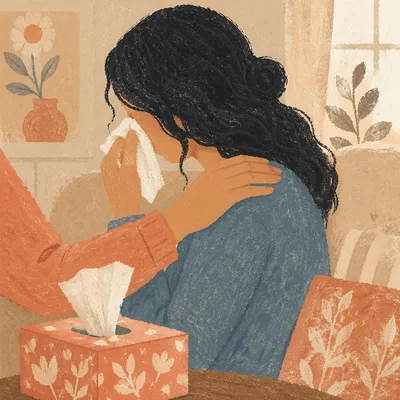 Woman Comforted While Wiping Tears