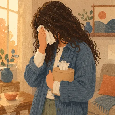 Woman Wiping Tears in Warm Living Room