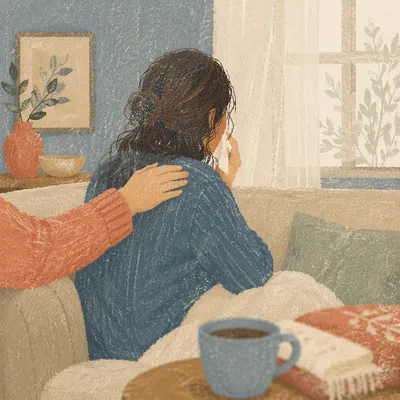 Comforting Woman Wiping Tears at Home