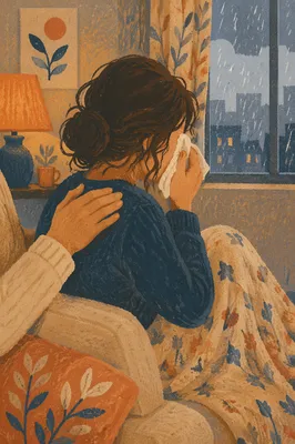 Comforting Presence Beside a Tearful Woman