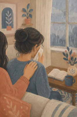 Woman Comforted While Wiping Tears