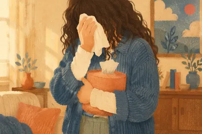 Woman Wiping Tears in Warm Living Room