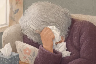 Older Woman Wiping Tears in Quiet Comfort