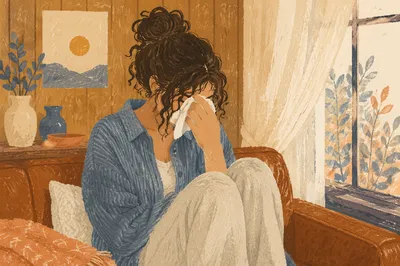 Young Woman Wiping Tears by Window