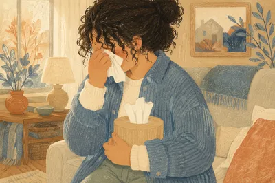 Woman Wiping Tears in Cozy Home