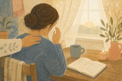 Comforting Hand as Woman Wipes Tears