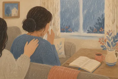 Woman Comforted While Wiping Tears