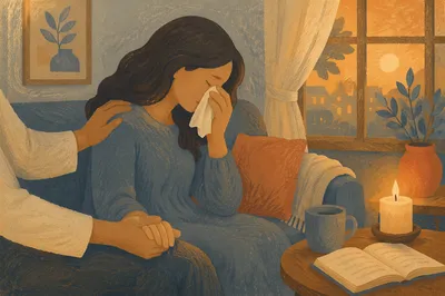 Tender Comfort as Woman Wipes Tears