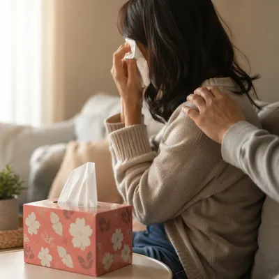 Comforting Hand for Woman Wiping Tears