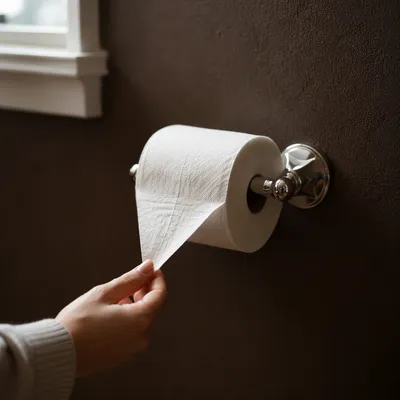 Woman Reaching for Tissue in Quiet Bathroom