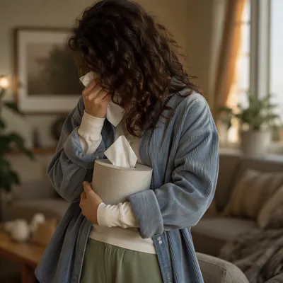 Woman Wiping Tears in Warm Living Room