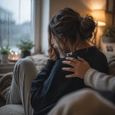 Comforting Support for Tearful Woman Indoors