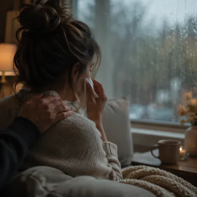 Comforting Woman Wiping Tears by Window
