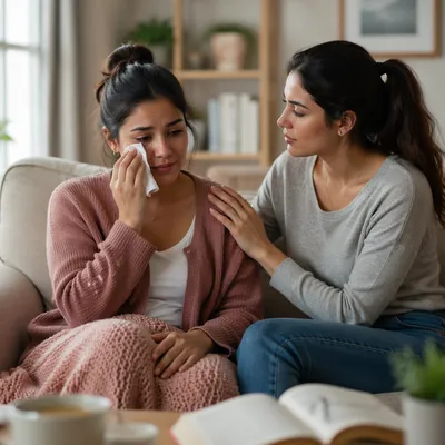 Woman Comforted While Wiping Away Tears