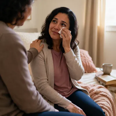 Woman Wiping Tears in Sunlit Bedroom