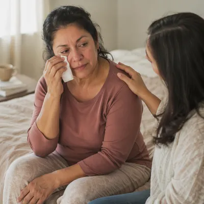 Woman Wiping Tears on Bedroom Bed