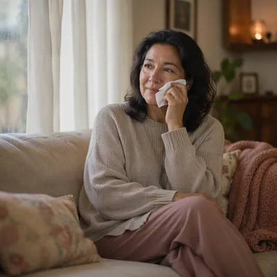Woman Wiping Tears by Living Room Window