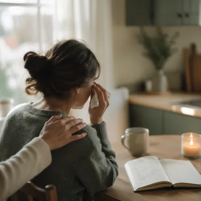 Woman Comforted While Wiping Tears